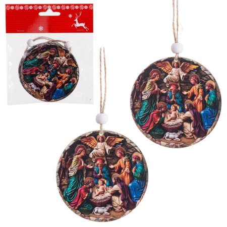 Obiecte decorative - Set 2 ornamente medalion rotund din lemn cu imagine a Nașterii Domnului în culori calde și lumină aurie