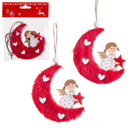 Craciun - Set 2 ornamente semilună roșie pufoasă cu înger în rochie albă cu buline roșii și stea roșie