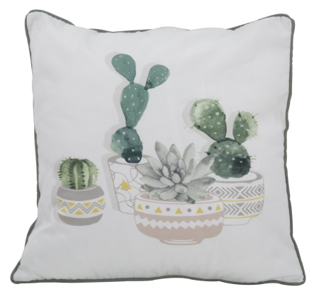 Mediteranean - Set 2 perne decorative albe cu cactuși în acuarelă, ghivece geometrice și bordură fină verde-gri