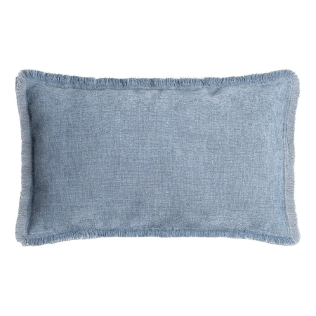 Textile in Stil Mediteranean - Set 2 perne decorative dreptunghiulare albastre cu fir de in și aspect de denim și margine franjurată