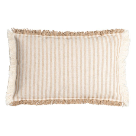 Textile in Stil Mediteranean - Set 2 perne decorative dreptunghiulare cu dungi bej pe fond crem din bumbac cu franjuri pe margini