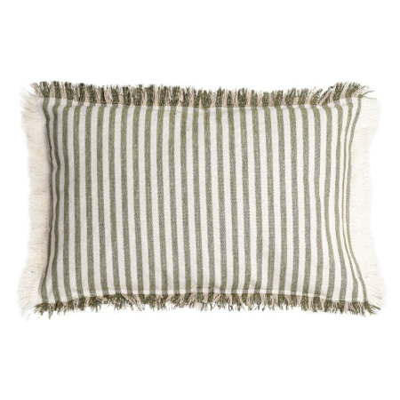 Textile in Stil Mediteranean - Set 2 perne decorative dreptunghiulare cu dungi verzi pe fond crem din bumbac cu franjuri pe margini