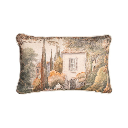 Textile - Set 2 perne decorative dreptunghiulare multicolore, bumbac si in, peisaj cu casa 45 x 30 cm