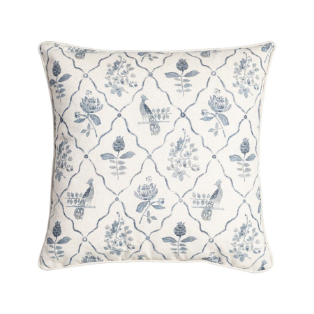 Textile - Set 2 perne decorative patrate alb cu albastru, bumbac si in, imprimeu pasare si motive florale 45 x 45 cm