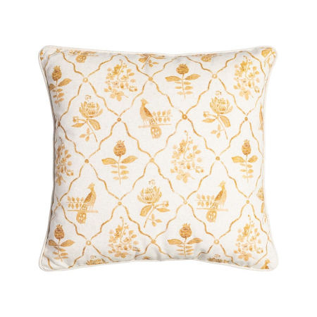 Textile - Set 2 perne decorative patrate alb cu galben, bumbac si in, imprimeu pasare si motive florale 45 x 45 cm