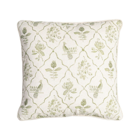 Textile - Set 2 perne decorative patrate alb cu verde, bumbac si in, imprimeu pasare si motive florale 45 x 45 cm