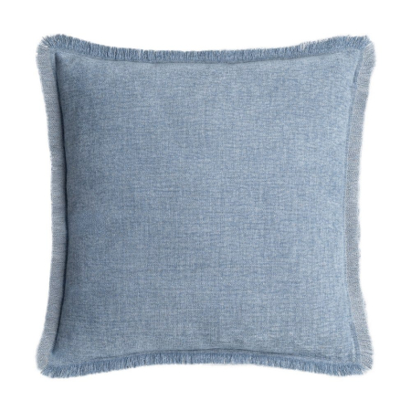 Textile in Stil Mediteranean - Set 2 perne decorative pătrate albastre cu fir de in și aspect de denim și margine franjurată