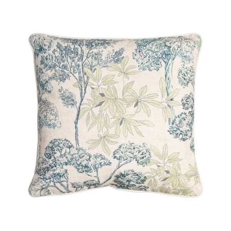 Textile - Set 2 perne decorative patrate crem cu verde si albastru, bumbac si in, imprimeu arbori si flori 45 x 45 cm