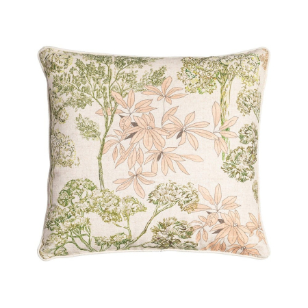 Textile - Set 2 perne decorative patrate crem cu verde si roz pal, bumbac si in, imprimeu arbori si flori 45 x 45 cm