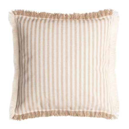 Textile in Stil Mediteranean - Set 2 perne decorative pătrate cu dungi bej pe fond crem din bumbac cu franjuri pe margini
