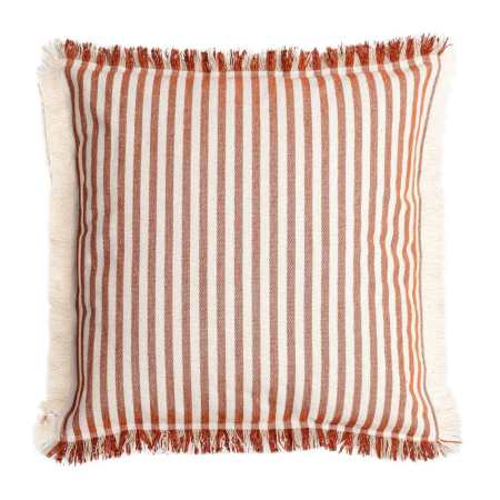 Textile in Stil Mediteranean - Set 2 perne decorative pătrate cu dungi cărămizii pe fond crem din bumbac cu franjuri pe margini