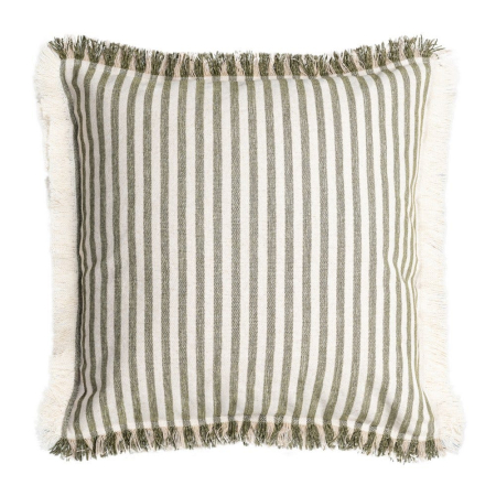 Textile in Stil Mediteranean - Set 2 perne decorative pătrate cu dungi verzi pe fond crem din bumbac cu franjuri pe margini