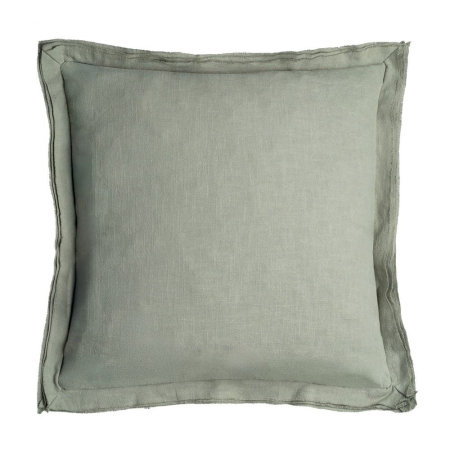 Textile in Stil Mediteranean - Set 2 perne decorative pătrate verde salvie din bumbac și in cu bordură largă pe o canapea