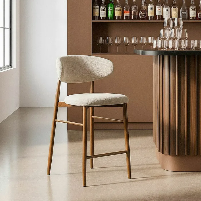 Scaune in Stil Contemporan - Set scaune bar bej 65 cm, tapițate, picioare metalice finisaj lemn – stil modern
