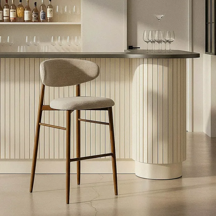 Scaune de bar - Set scaune bar 75 cm bej, tapițate, structură metalică maro – stil modern