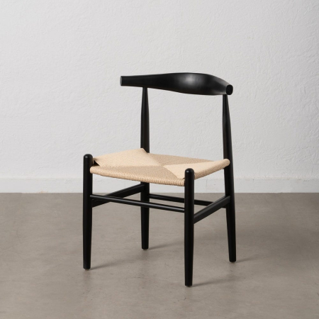 Set 2 scaune dining japandi lemn negru cu șezut sfoară bej