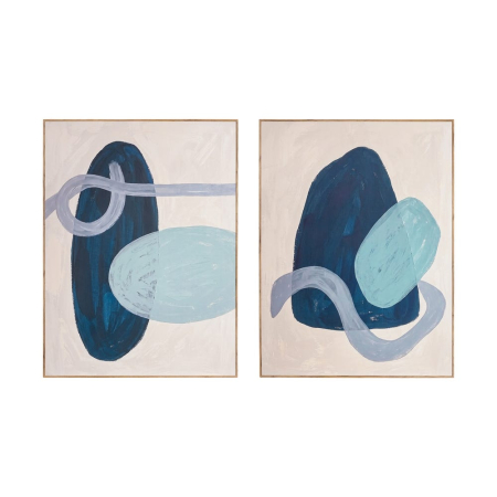 Decoratiuni perete in Stil Coastal - Set 2 tablouri abstracte cu ovale albastru închis și verde mentă pe fond crem în ramă de MDF