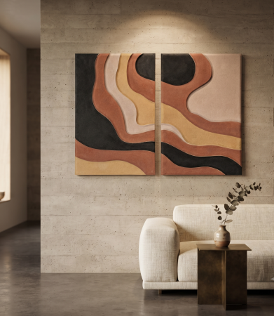 Tablouri - Set 2 tablouri abstracte maro negru și bej din MDF cu forme fluide