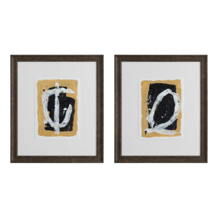 Decoratiuni perete - Set 2 tablouri abstracte pictate manual negru ocru și alb