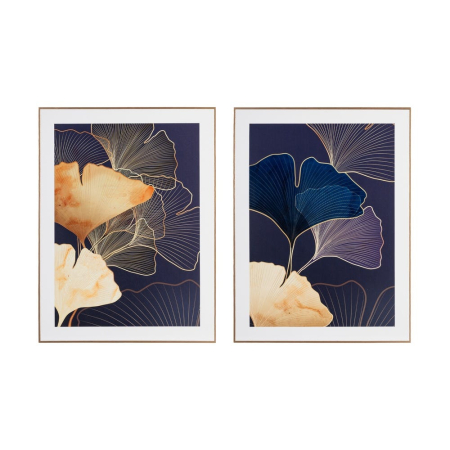 Stil de design - Set 2 tablouri cu frunze de ginkgo aurii pe fond bleumarin cu linii aurii fine în ramă aurie