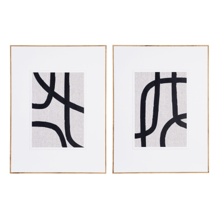 Decoratiuni perete - Set 2 tablouri decorative abstracte cu linii ondulate negre din MDF cu rama fag