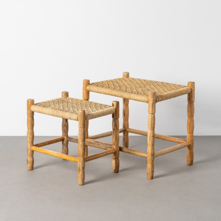 Rustic - Set 2 taburete din lemn de mango cu șezut împletit din fibră naturală pe fundal alb