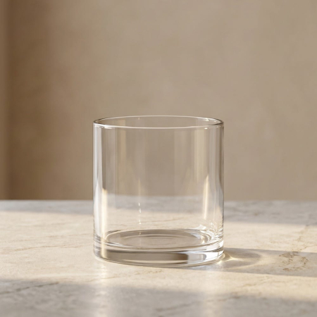 Obiecte decorative in Stil Contemporan - Set 2 vaze cilindrice joase din sticlă transparentă tăiată la cald pe o masă de marmură