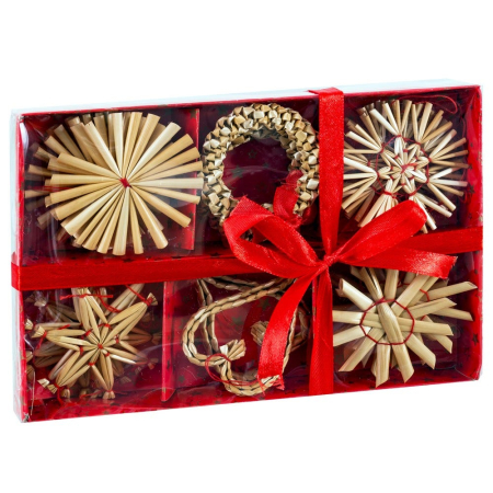 Craciun - Set 20 ornamente din paie în șase modele cu stele coronițe și soare în cutie roșie cu fundă