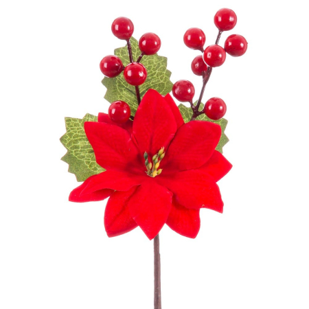Craciun - Set 24 crenguțe de ilice cu floare poinsettia roșie frunze verzi și bobițe roșii lucioase din plastic