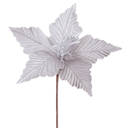Craciun - Set 24 flori poinsettia argintii din textil cu petale mari striate stamine argintii și tijă lungă