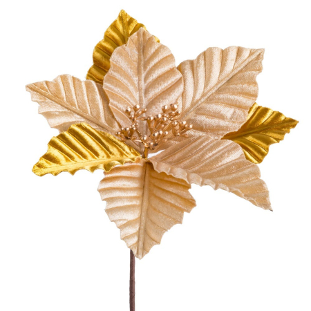 Craciun - Set 24 flori poinsettia aurii cu petale satinate frunze lucioase miez de bobițe aurii și tijă