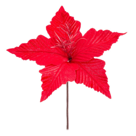 Craciun - Set 24 flori poinsettia roșii din textil cu petale mari nervurate stamine argintii și tijă lungă