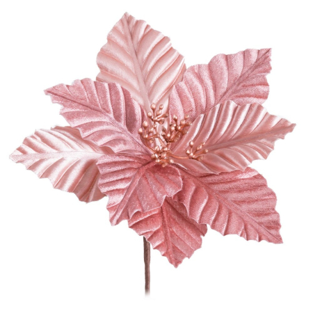 Craciun - Set 24 flori poinsettia roz cu reflexe aurii petale lucioase nervurate miez de stamine aurii și tijă
