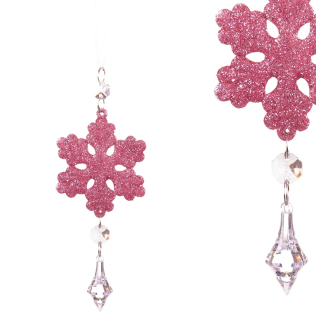 Craciun - Set 24 fulgi roz cu sclipici și cristal acrilic pe fir pentru brad fereastră sau perete