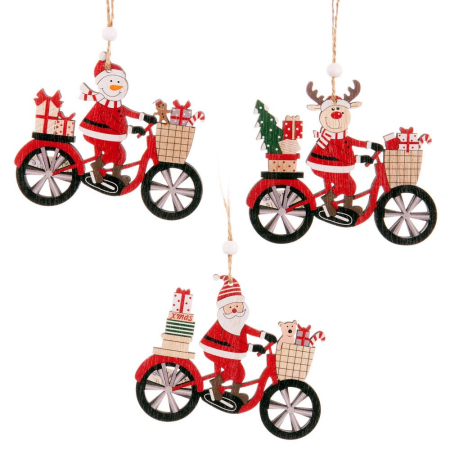 Craciun - Set 24 ornamente bicicletă roșie din lemn cu Moș Crăciun ren sau om de zăpadă și cadouri