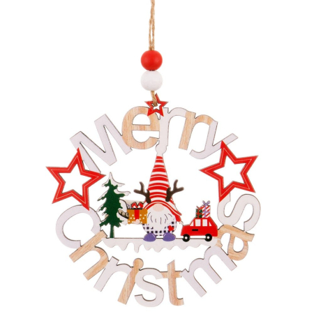 Craciun - Set 24 ornamente coroană Merry Christmas din lemn cu spiriduș brazi cadouri și mașinuță roșie în centru
