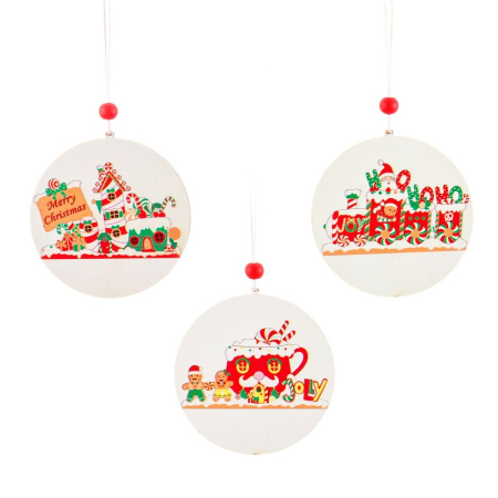 Craciun - Set 24 ornamente disc alb din lemn cu scene de turtă dulce casă tren sau cană cu omuleți