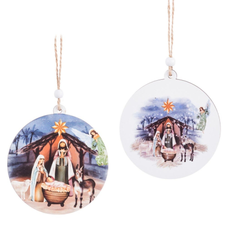 Craciun - Set 24 ornamente glob rotund din lemn cu imagine a Nașterii Domnului ieslea animalele și îngerii