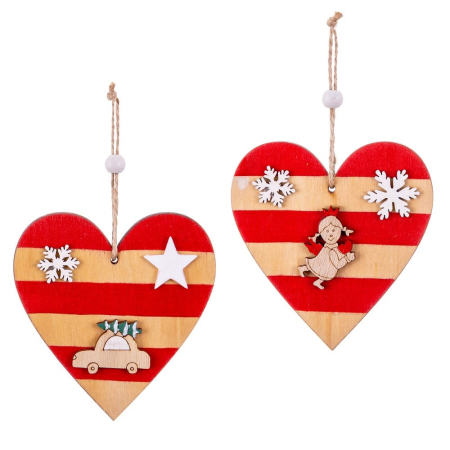 Craciun - Set 24 ornamente inimă din MDF cu dungi roșii fulgi albi mașinuță cu brad și figurină de fetiță