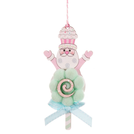 Craciun - Set 24 ornamente lolipop din lemn cu Moș Crăciun cu pălărie de prăjitură pe ponpon verde mentă