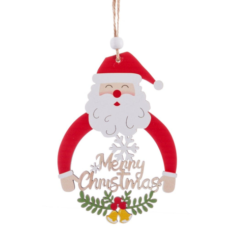 Craciun - Set 24 ornamente Moș Crăciun cu brațe roșii care îmbrățișează o coroană Merry Christmas cu clopoței aurii