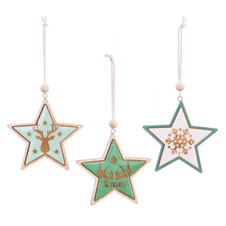 Craciun - Set 24 ornamente stea din lemn verde mentă și alb cu ren fulg auriu și urare Xmas