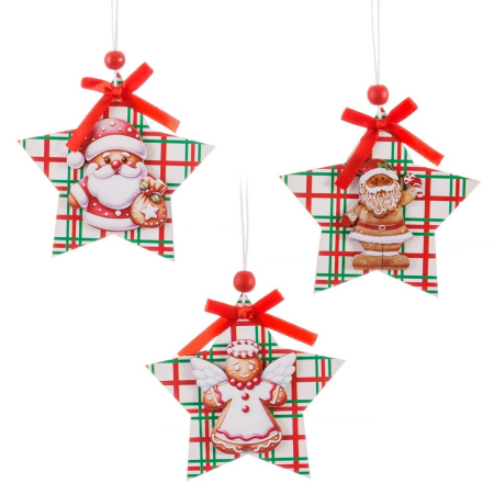 Craciun - Set 24 ornamente stea în carouri roșii și verzi din lemn cu Moș Crăciun turtă dulce sau înger