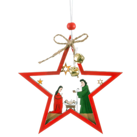 Craciun - Set 24 ornamente stea roșie din lemn cu scena Nașterii Domnului clopoței aurii și fundă din sfoară