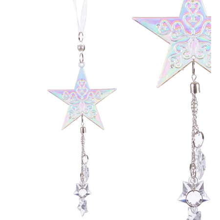Scandinav - Set 24 stele irizate din plastic cu reflexe de sidef lanț fin cristal și stelute mici atârnate