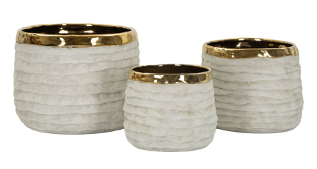 Set 3 ghivece decorative din ceramică gri mat cu interior auriu design modern