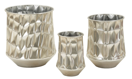 Obiecte decorative in Stil Contemporan - Set 3 ghivece decorative din metal argintiu cu relief fațetat în trei dimensiuni