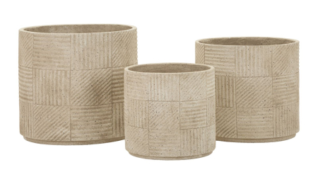 Obiecte decorative - Set 3 ghivece exterior gri din polirășină cu textură geometrică gravată