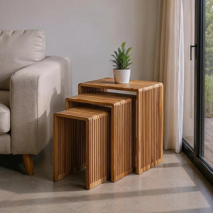 Masute Laterale - Set masute mici tec reciclat nesting, lamele verticale, design compact