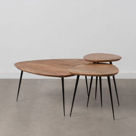 Set 3 Masute Lemn Acacia Natural, Picioare Negre Metal